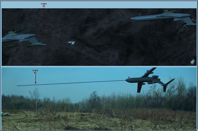 Figure 2. The 6-7m tall tree marked "Z" on the direct flight path from Kutuzova Street was not damaged providing evidence that the aircraft flew over it, concluding the airplane was in air when the door was shot to the ground. Note the short distance (8m) from the tree to the ground trace of the tail (marked with green ellipse). The left passenger door nr. 2 was found only a few meters further to the left of the trace. 
