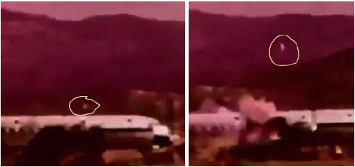 Figure 12. By cutting away the tail of the aircraft and aligning pictures taken by a moving camera side by side one gets the impression that the highlighted part mainly flies upwards. In reality it nearly continues forward with the same speed as the aircraft, see next figure. (The change of background profile of the mountain reveals the move of the camera.)