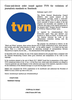 Cease-and-desist order issued against TVN for violations of journalistic standards re: Smolensk