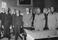 Munich 1938. From left to right: Chamberlain, Daladier, Hitler, Mussolini, and Ciano pictured before signing the Munich Agreement, which gave the Sudetenland to Germany. PHOTO by: Deutsches Bundesarchiv