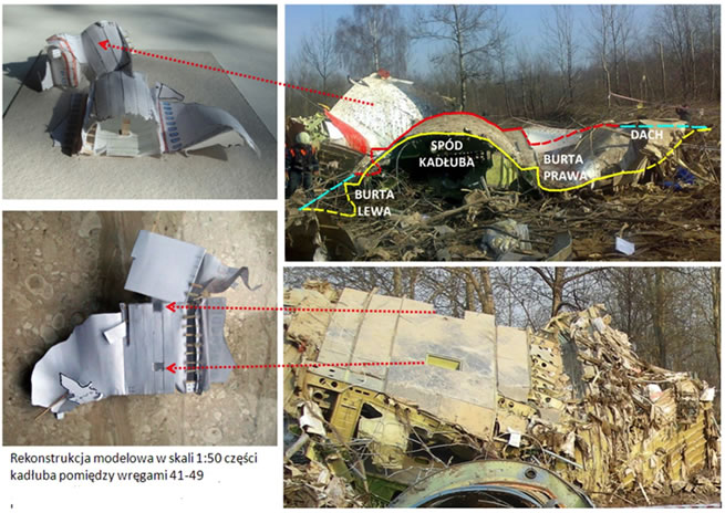 Image of the fuselage destruction with both sides of the fuselage opened and thrown outwards.